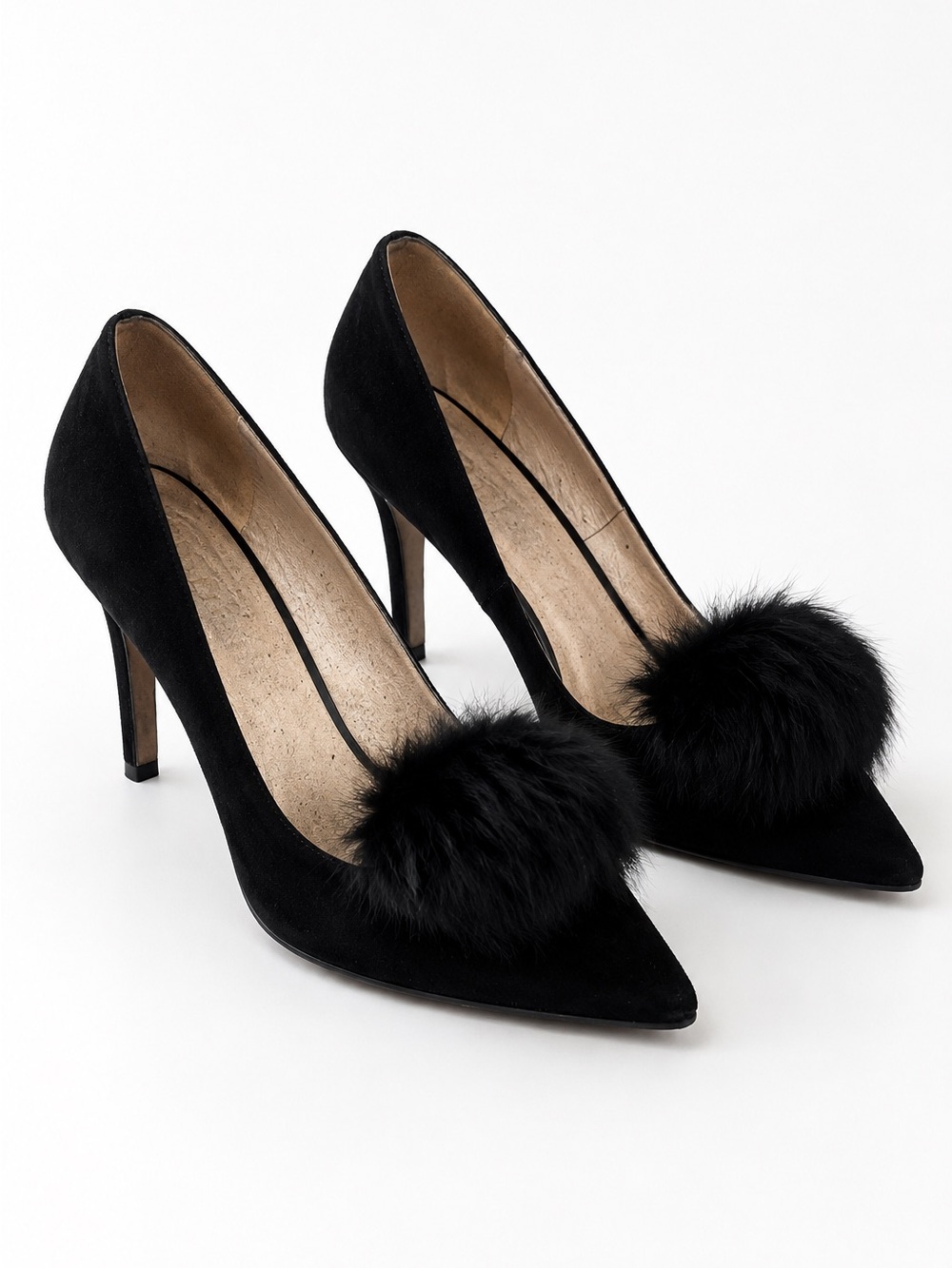 Lodi Black Suede Fur Pom Pom Heels Size 37 / US 7 Made in Spain